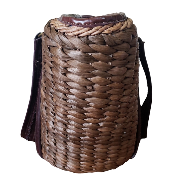 Coldwater Creek Woven Straw Brown Rustic Faux Leather Shoulder Bag Picnic Tote. - Picture 5 of 16